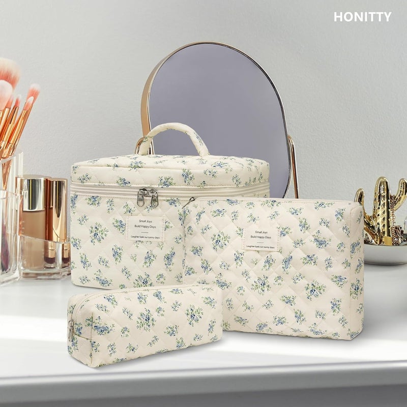 honitty Makeup Bag,Quilted Cosmetic Bags,Large Floral Make Up Organize bag,Makeup Bag Set for Women,Flower Travel Toiletry Bag - Image 5